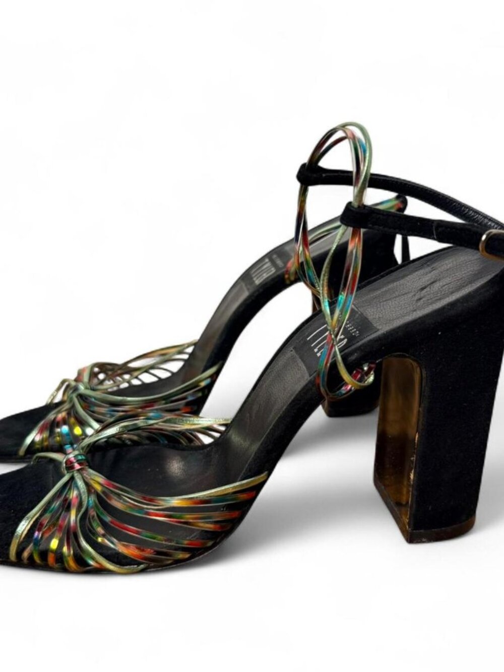 Richard Tyler Black Suede Heels with Iridescent Multi-Color Straps Size 8.5